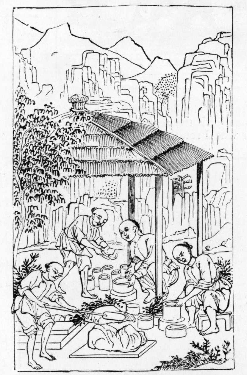 Making coarse clay cases to hold the china while in the furnace, from a series of illustrations on the manufacture of china by Chinese School