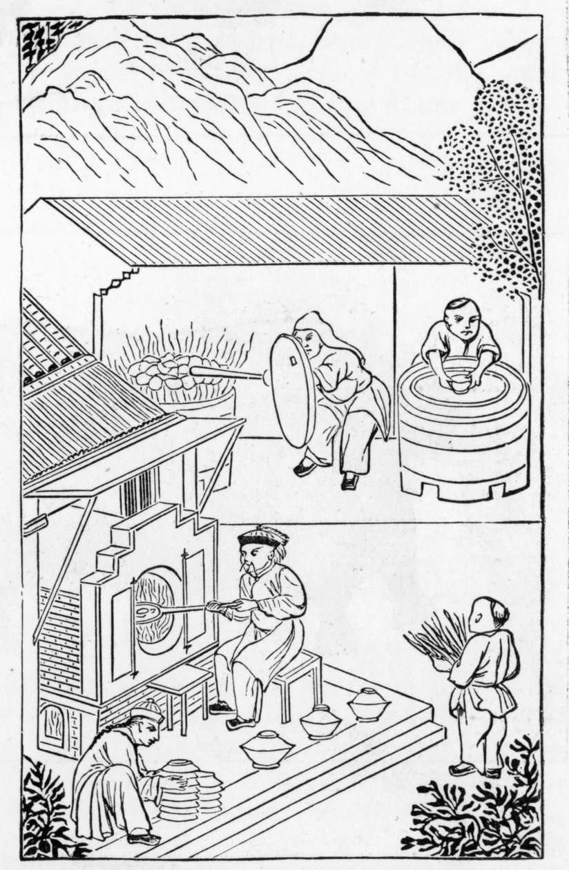 Opening and closing furnaces, from a series of illustrations on the manufacture of china by Chinese School
