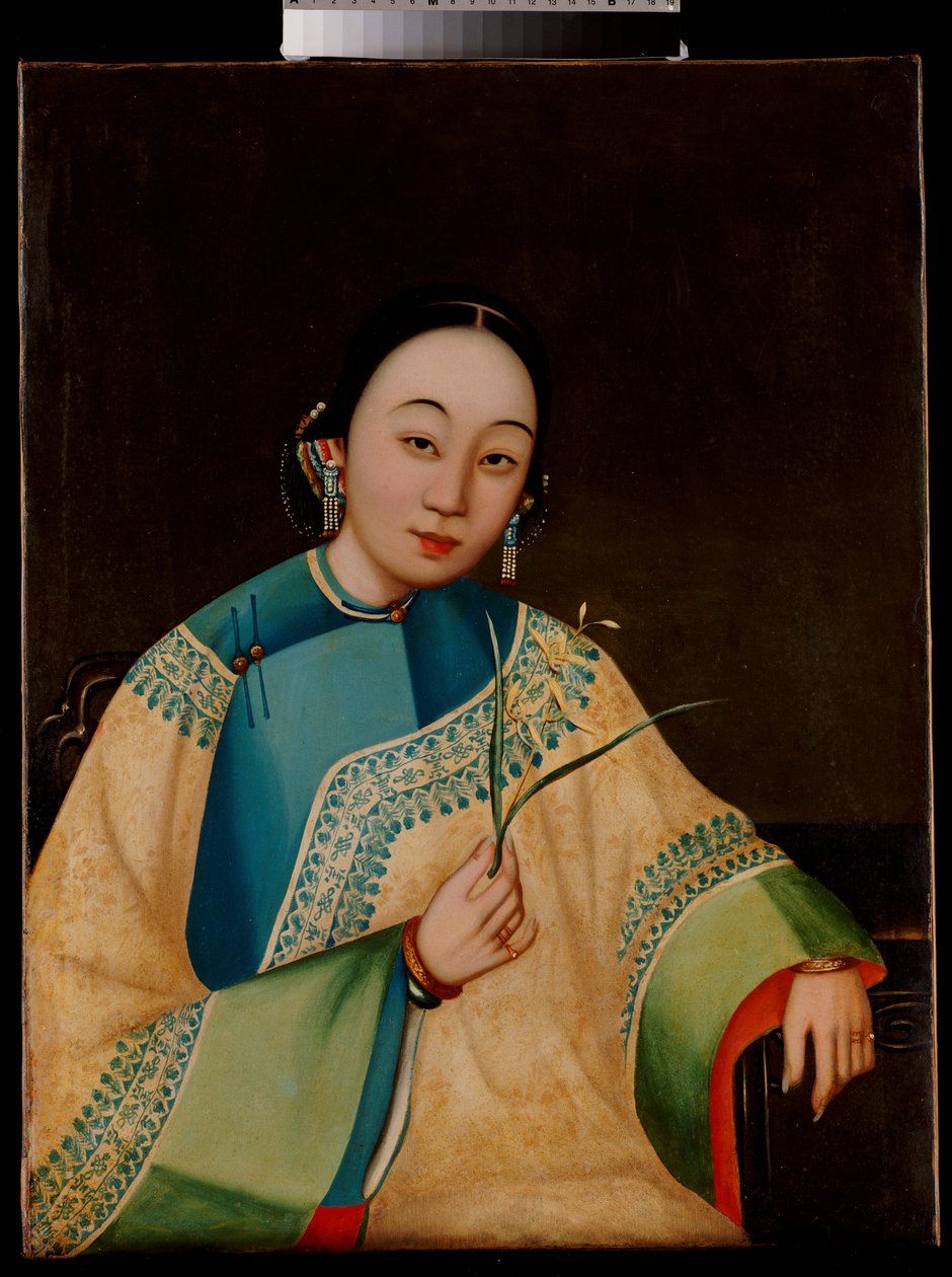 Portrait of a Court Lady, Seated Half Length in an Embroidered Robe, Holding a Flower by Chinese School