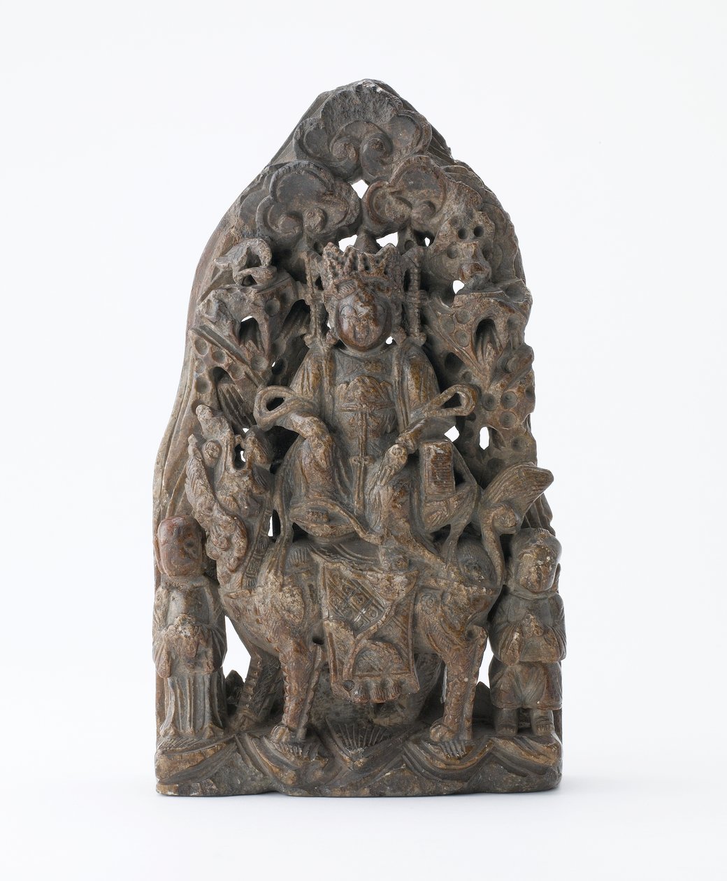 Small soapstone tablet, with pierced relief of Manjusri on lion, Period of Division, 543 AD by Chinese School