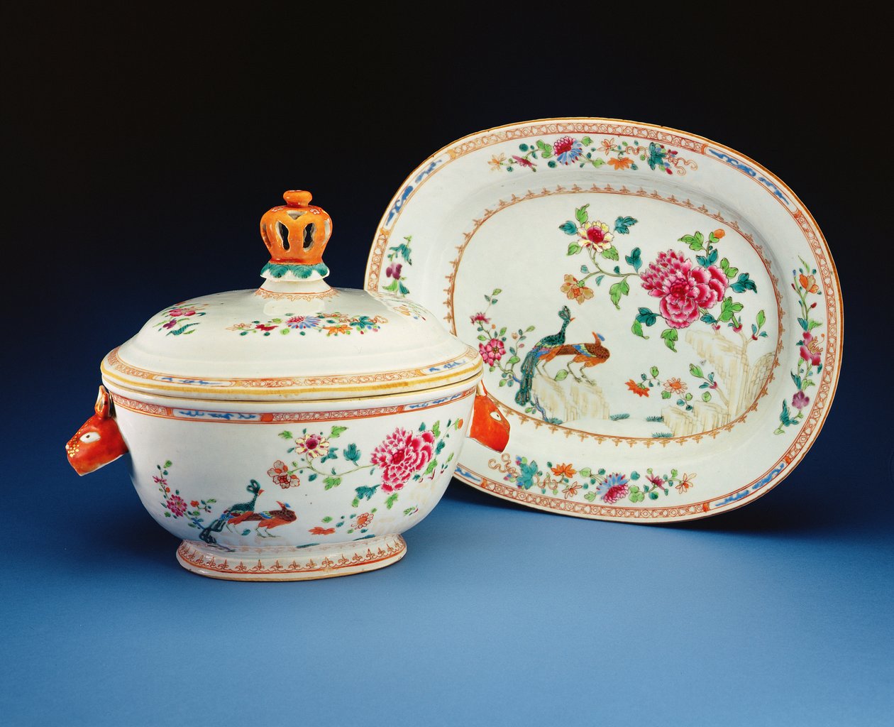 Tureen, cover and stand painted with the Double Peacock pattern, Qianlong period by Chinese School