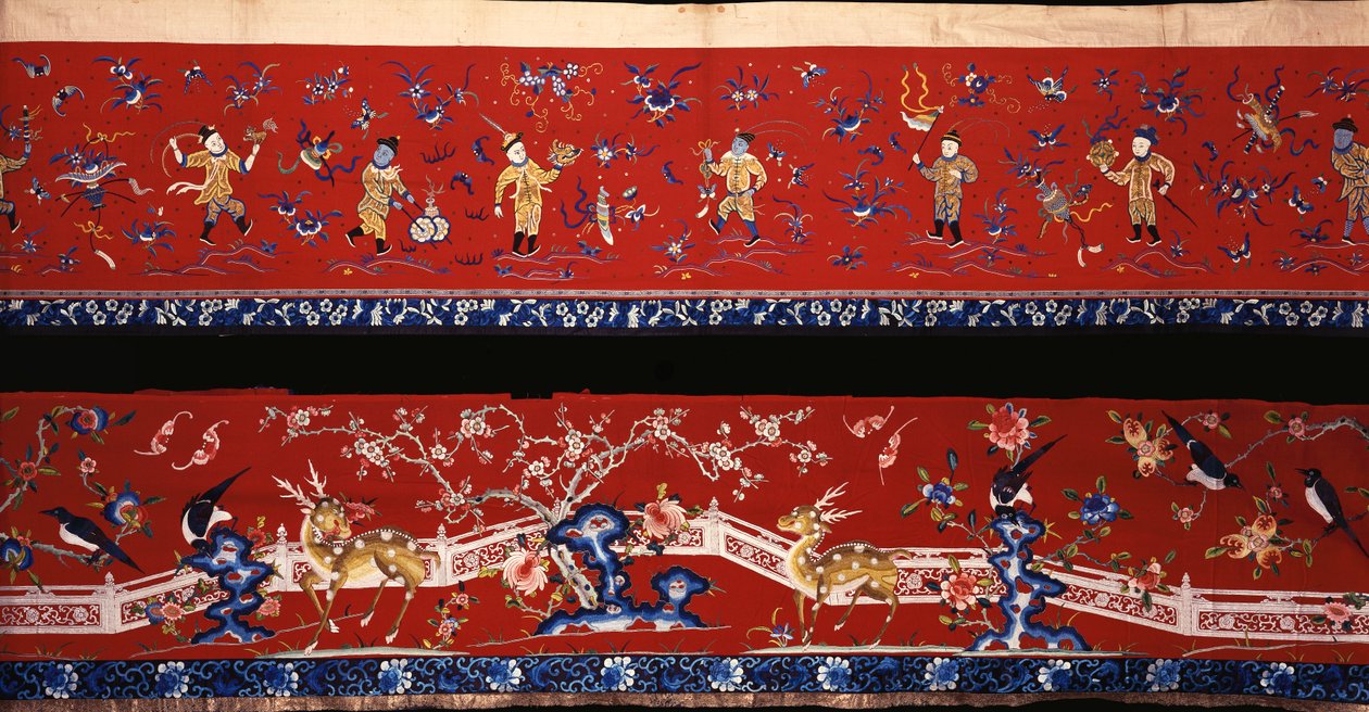 Two Chinese Horizontal Hangings of Red Wool, One Embroidered Predominantly in Shades of Blue Silks Depicting Boys at Play in Gilt Threads by Chinese School