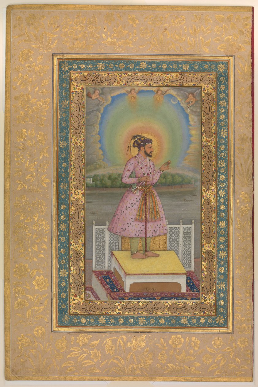 Shah Jahan on a Terrace, Holding a Pendant Set With His Portrait, Folio from the Shah Jahan Album by Chitarman