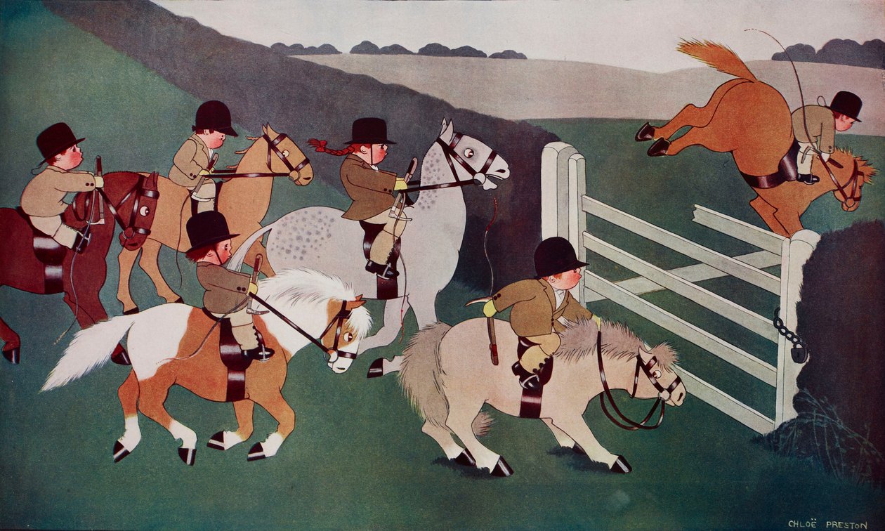 The Gate Crashers, jockeys on horseback, cartoon by Chloe Preston from The Tatler by Chloe Preston