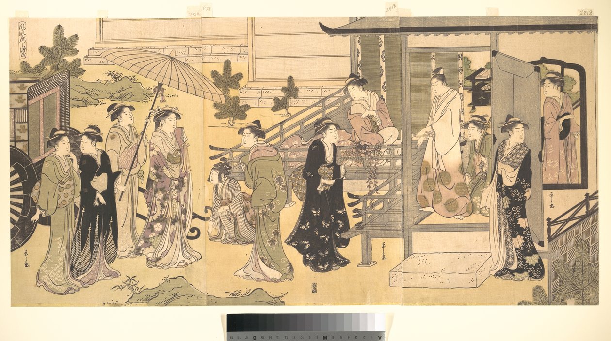 A Disguised Scene from The Tale of Genji (Fūryū Yatsushi Genji), Chapter 33, “Wisteria Leaves (Fuji no uraba)” by Chobunsai Eishi