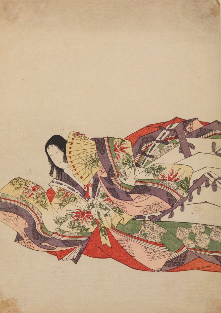 Seated Court Lady, Leaning Forward with a Fan, Plate from the Album: Nishiki-zuri onna sanju rokkasen e-zukushi by Chobunsai Eishi