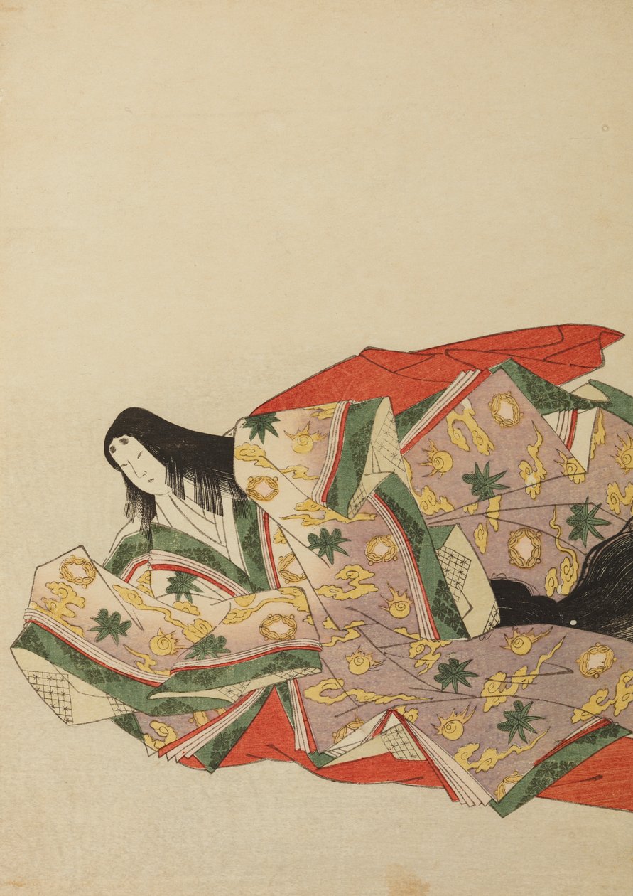 Lady of the Court Sitting in a Light Purple Robe with Green and Yellow Pattern, Plate from the Album: Nishiki-zuri onna sanju rokkasen e-zukushi by Chobunsai Eishi