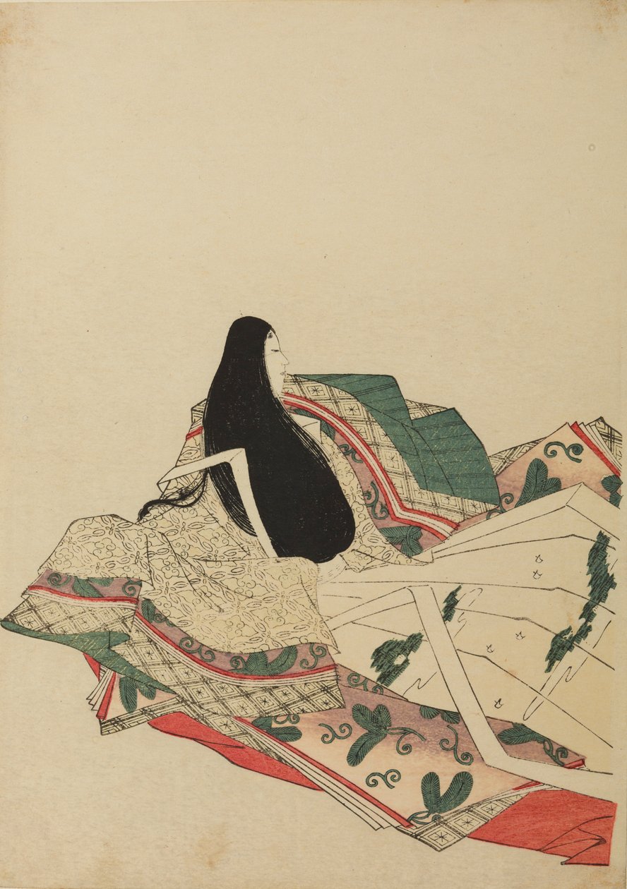 Seated court lady, seen three-quarters from the back, plate from the album: Nishiki-zuri onna sanju rokkasen e-zukushi by Chobunsai Eishi