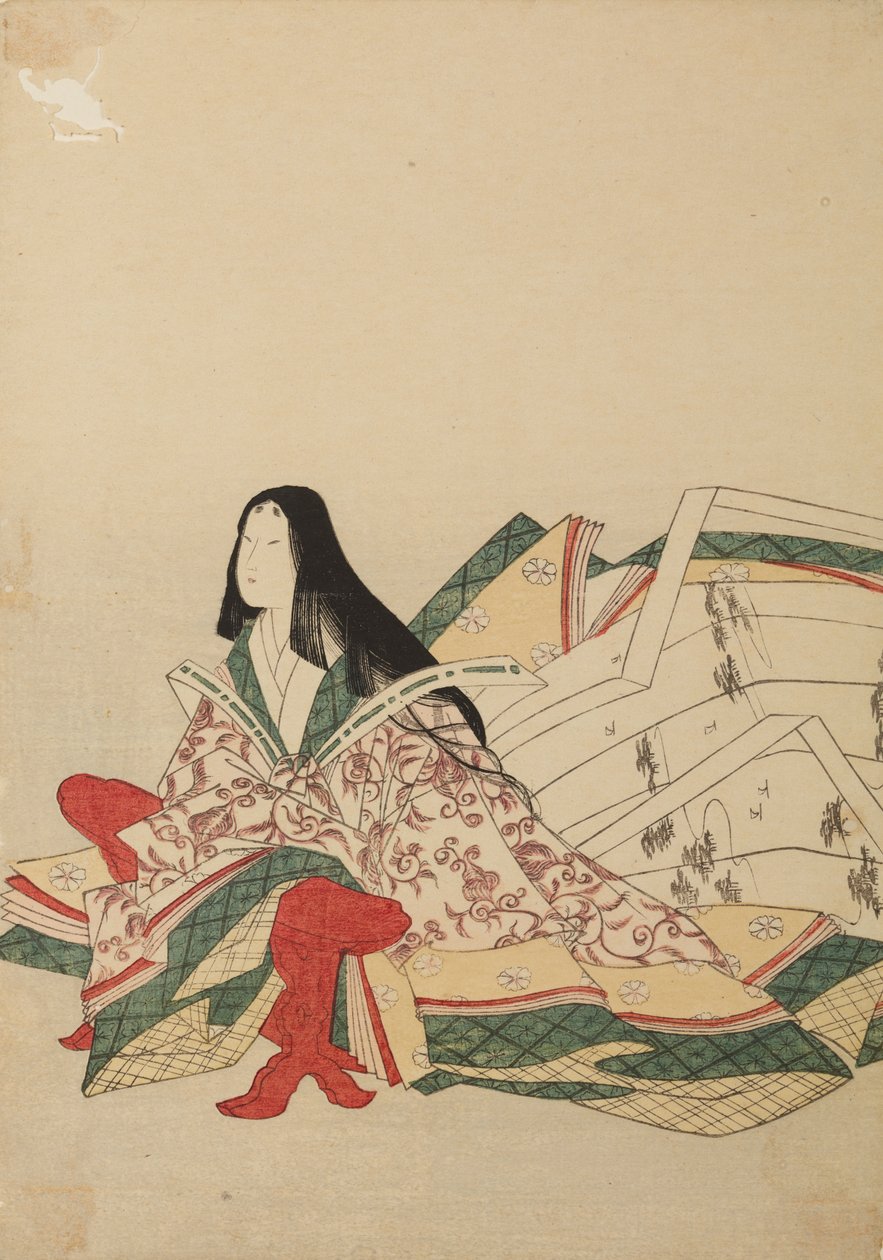 Lady-in-waiting Sitting, Leaning on a Kyosoku, Plate from Album: Thirty-Six Poetesses / Nishiki-zuri onna rokkasen e-zukushi by Chobunsai Eishi