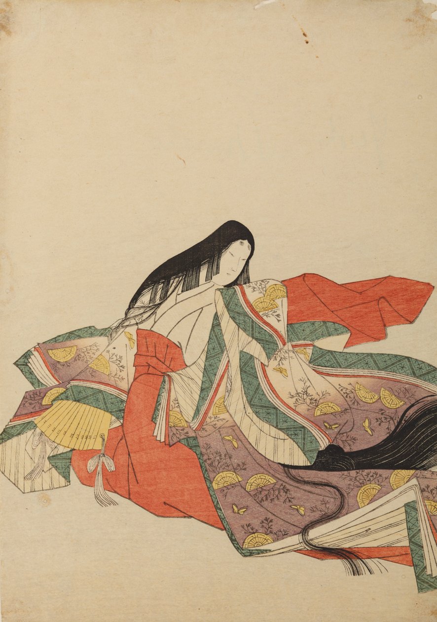 Seated court lady, facing left, plate from the album: Nishiki-zuri onna sanju rokkasen e-zukushi by Chobunsai Eishi