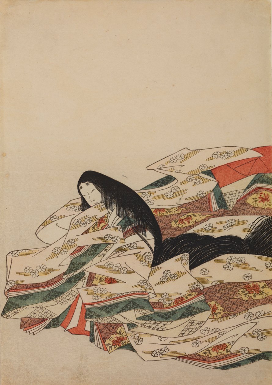 Seated Court Lady, Turned to the Left, Plate from the Album: Nishiki-zuri onna sanjū rokkasen e-zukushi by Chobunsai Eishi