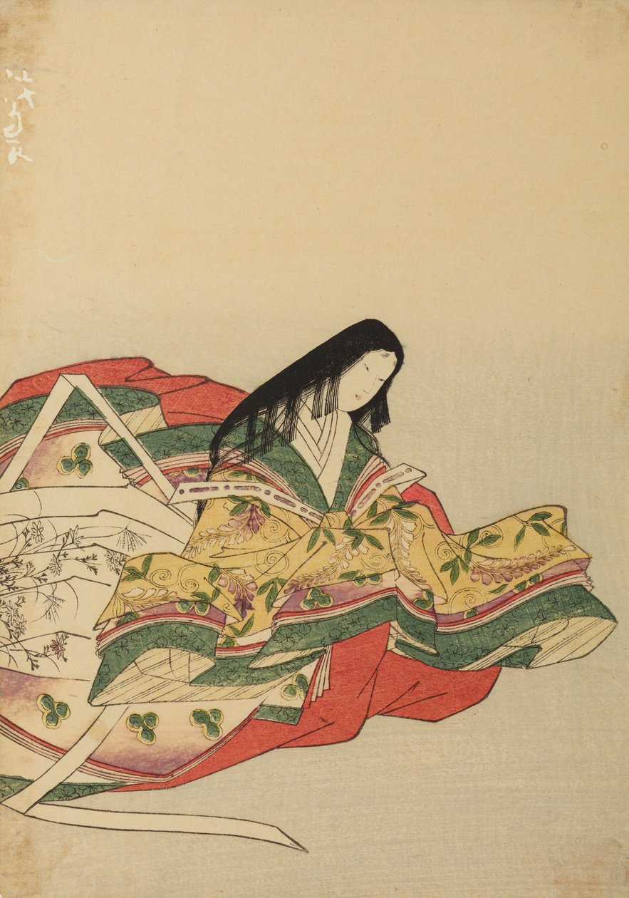 Court Lady Sitting, Turned to the Right, Plate from the Album: Nishiki-zuri onna sanju rokkasen e-zukushi by Chobunsai Eishi
