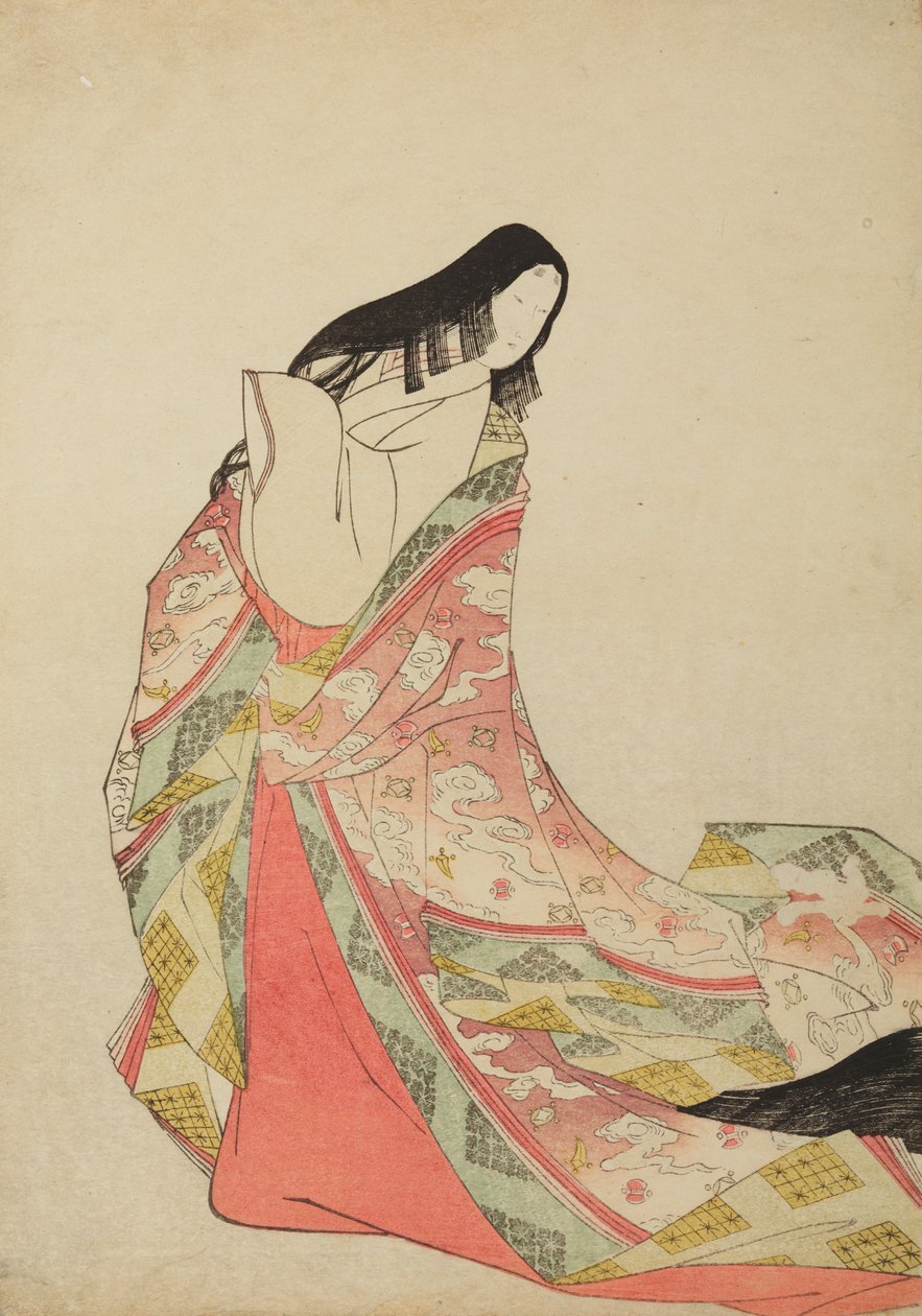 Court Lady Standing in a Lilac-Pink Robe Slipped from Her Shoulders, Plate from the Album: Nishiki-zuri onna sanju rokkasen e-zukushi by Chobunsai Eishi