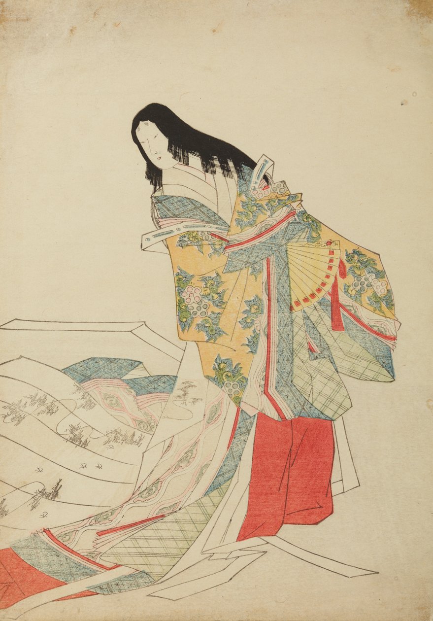 Standing court lady with a fan, plate from the album: Nishiki-zuri onna sanju e-zukushi by Chobunsai Eishi