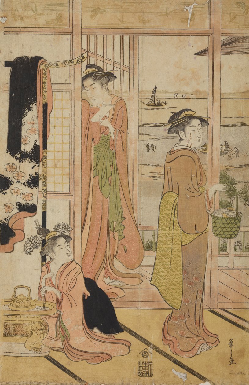 Two Standing Women and a Girl in an Interior with a View of the Lake by Chobunsai Eishi