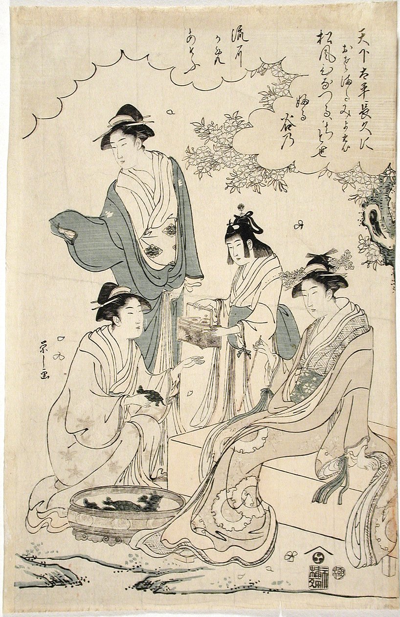 Ladies Viewing Cherry Blossoms beside a Stream by Chobunsai Eishi