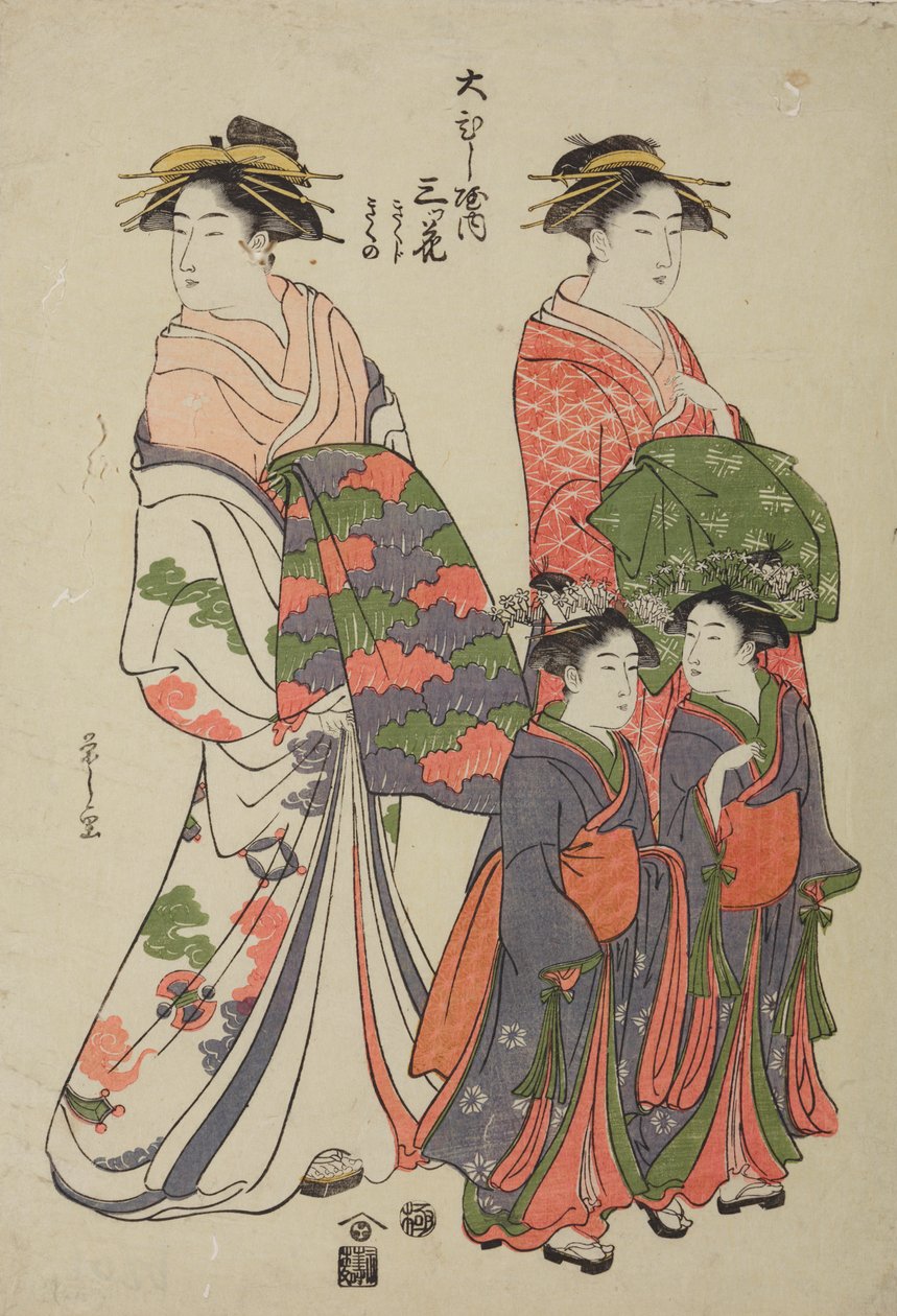 Oiran Mitsuhana from the Obishi-ya Pleasure House with Companion and Two Kamuro Kikuchi and Kikuno by Chobunsai Eishi