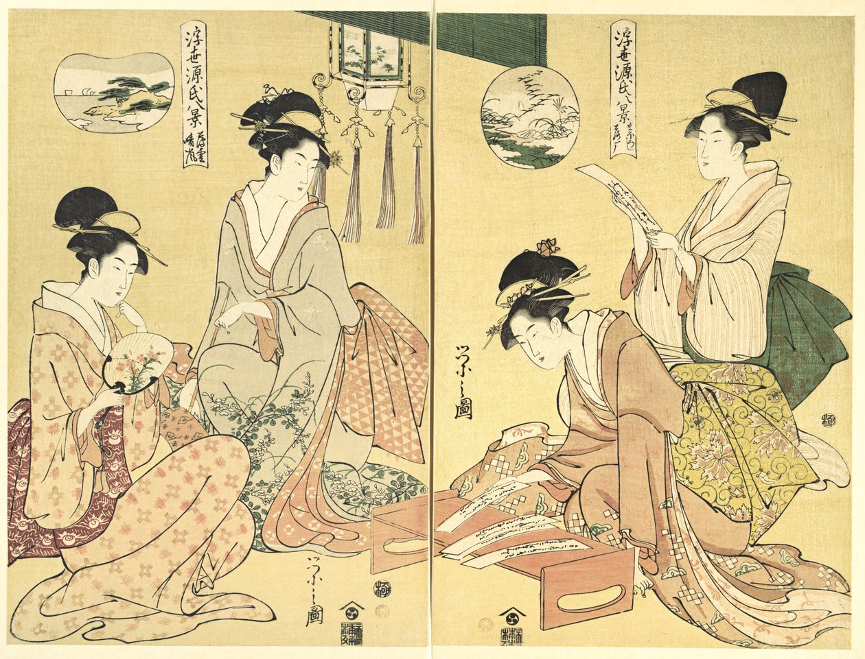 Spirit Summoner; Wild Geese Returning Home (Maboroshi; Rakugan) (right) and A Thin Veil of Clouds; Clearing Weather (Usugumo; Seiran) (left), from the series Eight Views of The Tale of Genji in the Floating World (Ukiyo Genji hakkei) by Chobunsai Eishi