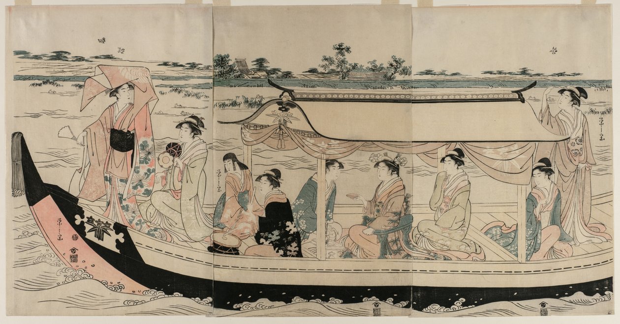 Women in a Pleasure Boat on the Sumida River by Chobunsai Eishi