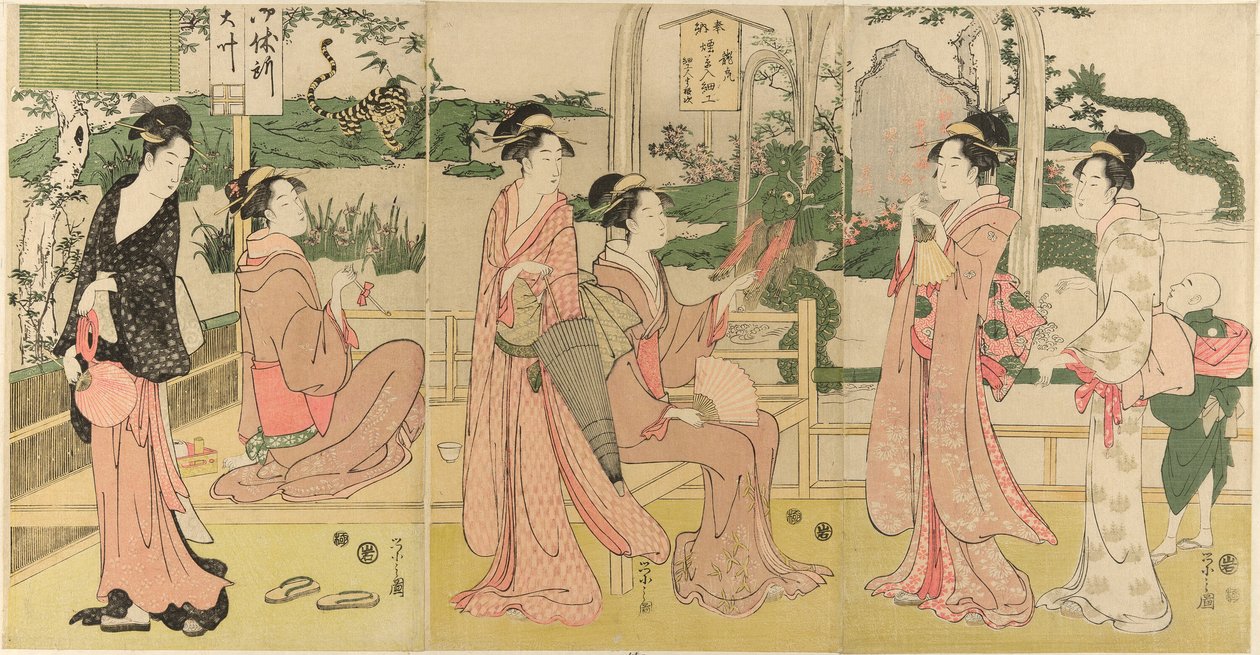 Women Viewing Dragon and Tiger Made of Tobacco Pouches by Chobunsai Eishi