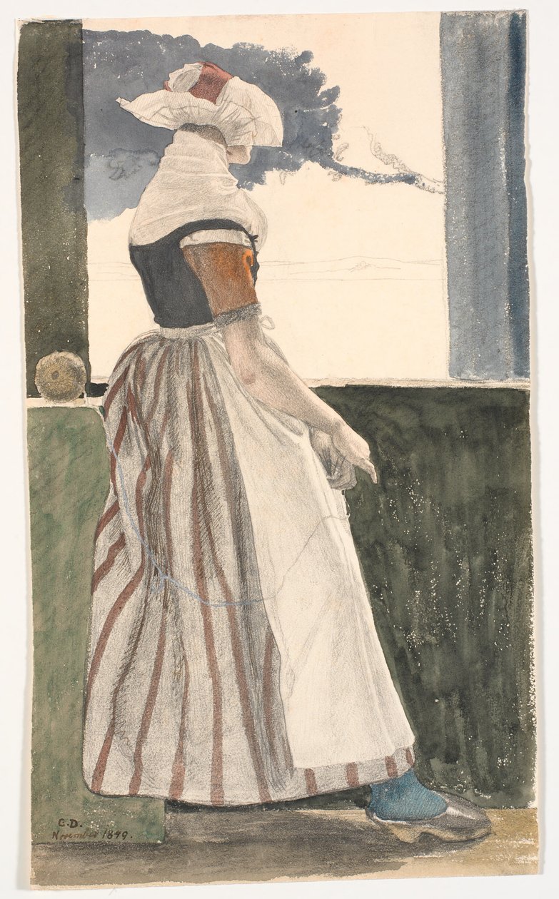Young Girl Knitting in Salling Costume, Looking Out of a Window by Christen Dalsgaard
