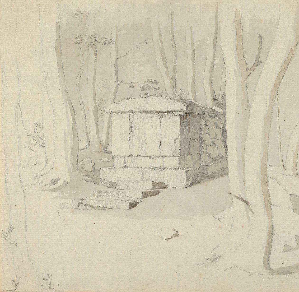 A Stone Tomb in a Forest, verso: Study of a Flower by Christen Købke