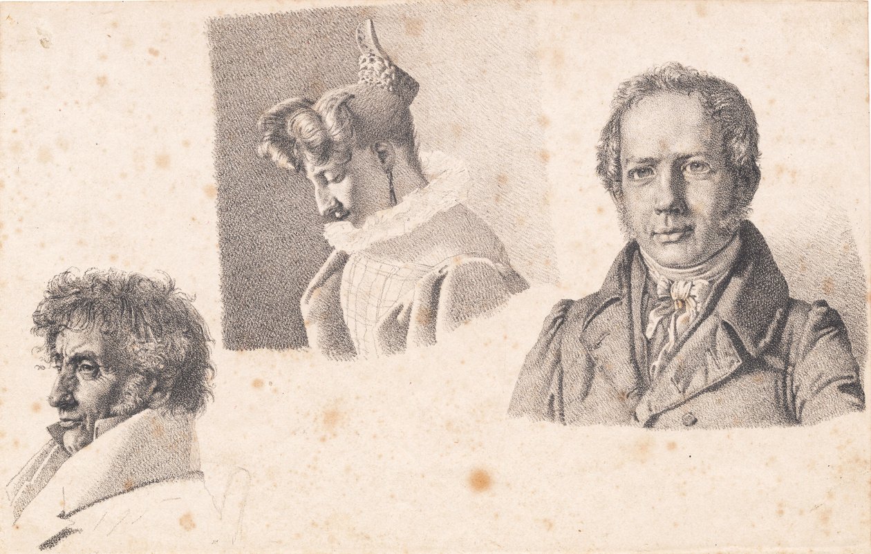 Sheet with Three Portraits: Baker Købke, Sophie Krohn, and N. Feilberg by Christen Købke