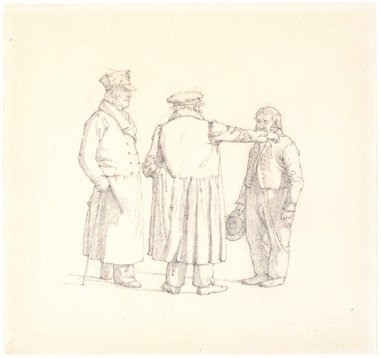 Three People in Conversation; Back to the Viewer in the Middle is Baker Købke, Left is Major Krohn, and Right is Slave Sergeant Sprøch by Christen Købke