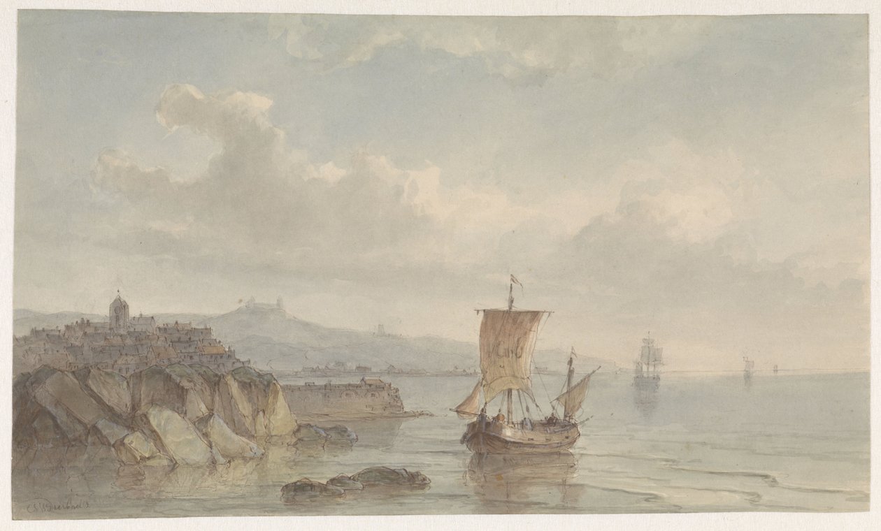 Coastal Landscape with Harbor and Ships on the Water by Christiaan Lodewijk Willem Dreibholtz