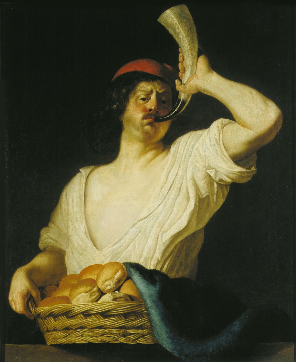 A Baker Blowing his Horn by Christiaen van Couwenbergh