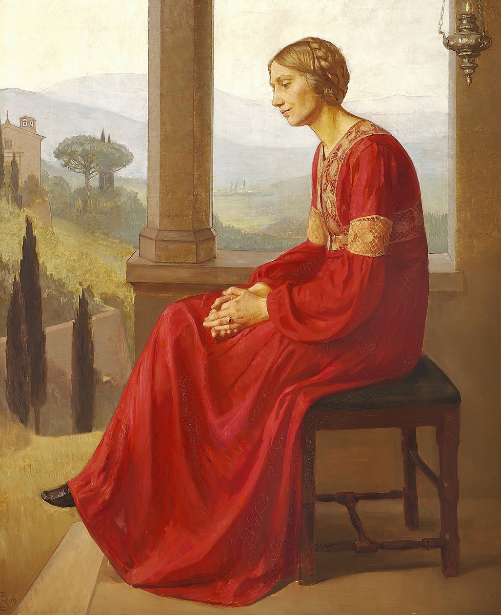 A Woman in a Red Dress Sitting on a Terrace in an Italian Landscape by Christian Bang