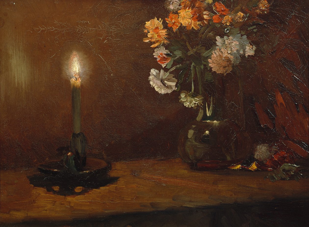Arrangement with Candle and Flowers in Vase by Christian Eriksen Skredsvig