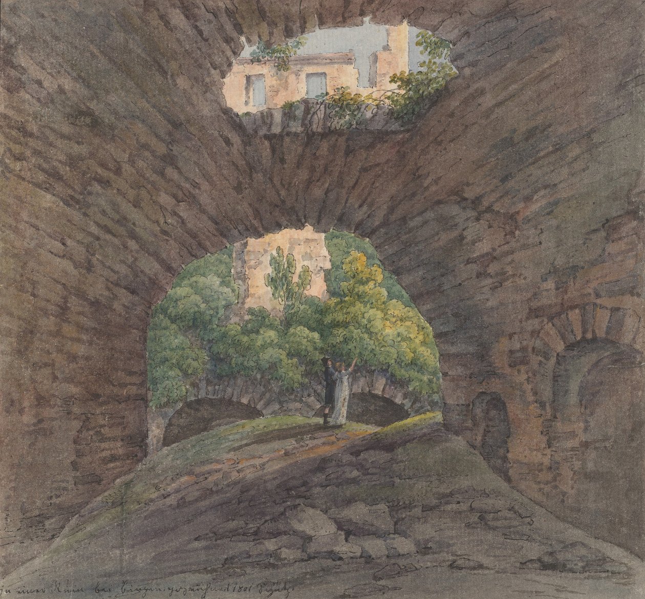 A Young Couple Viewing Ruins near Bingen, 1801 by Christian Georg Schutz