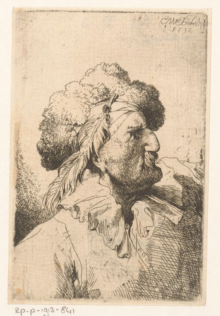Man with Fur Hat and Feather by Christian Wilhelm Ernst Dietrich