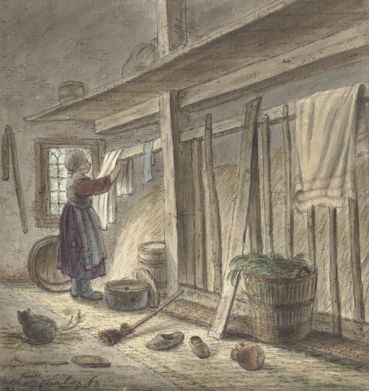 Corner of a Stable with a Girl Hanging a Cloth (1772) by Christina Chalon by Christina Chalon