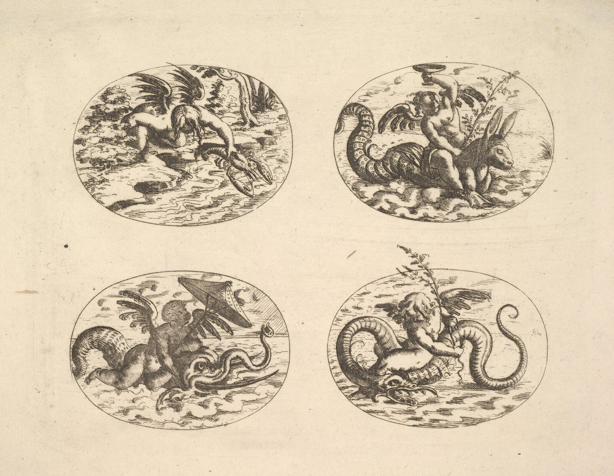 Putti with Sea Monsters, plates from the Neue Grotessken Buch by Christoph Jamnitzer