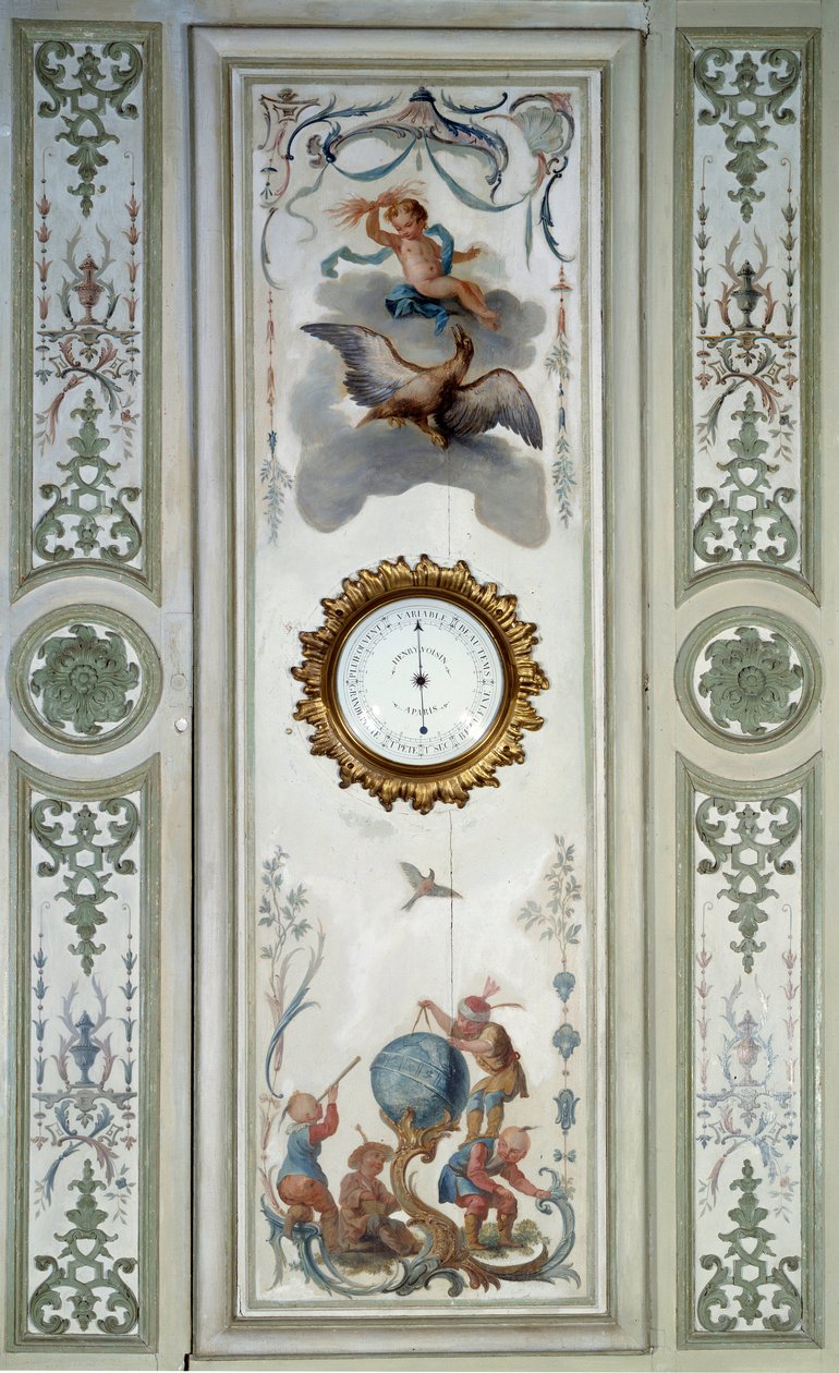 Panel of the large living room of the Chateau de Champs sur Marne with barometer and chinoiserie by Christophe Huet