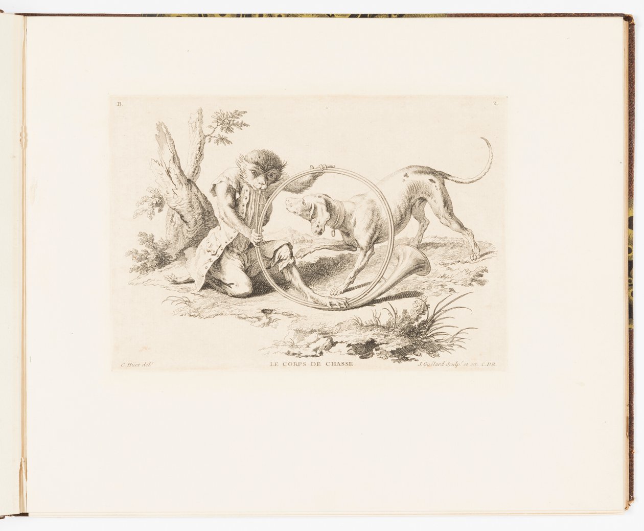 Plate 2, Le Corps de Chasse (The Hunting Horn), Monkey Antics or Different Actions of Human Life Represented by Monkeys by Christophe Huet