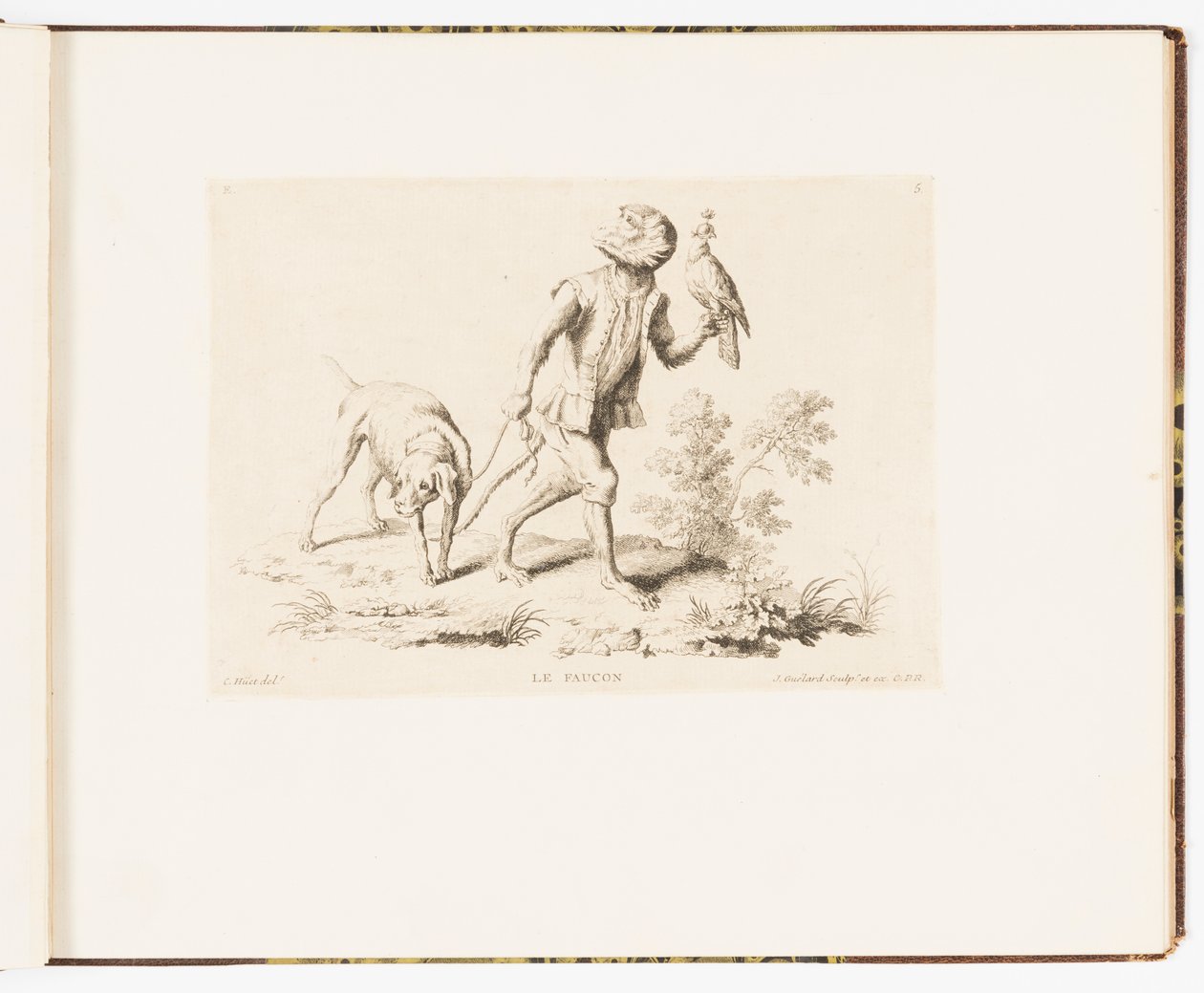 Plate 5, The Falcon, Monkey Antics or Different Actions of Human Life Represented by Monkeys by Christophe Huet