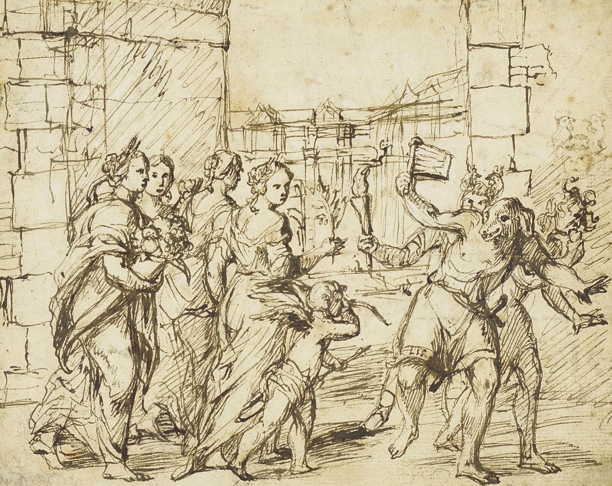 The Lupercalian Festival in Rome: Cupid and Personifications of Fertility Encounter the Luperci Dressed as Dogs and Goats by Circle of Adam Elsheimer