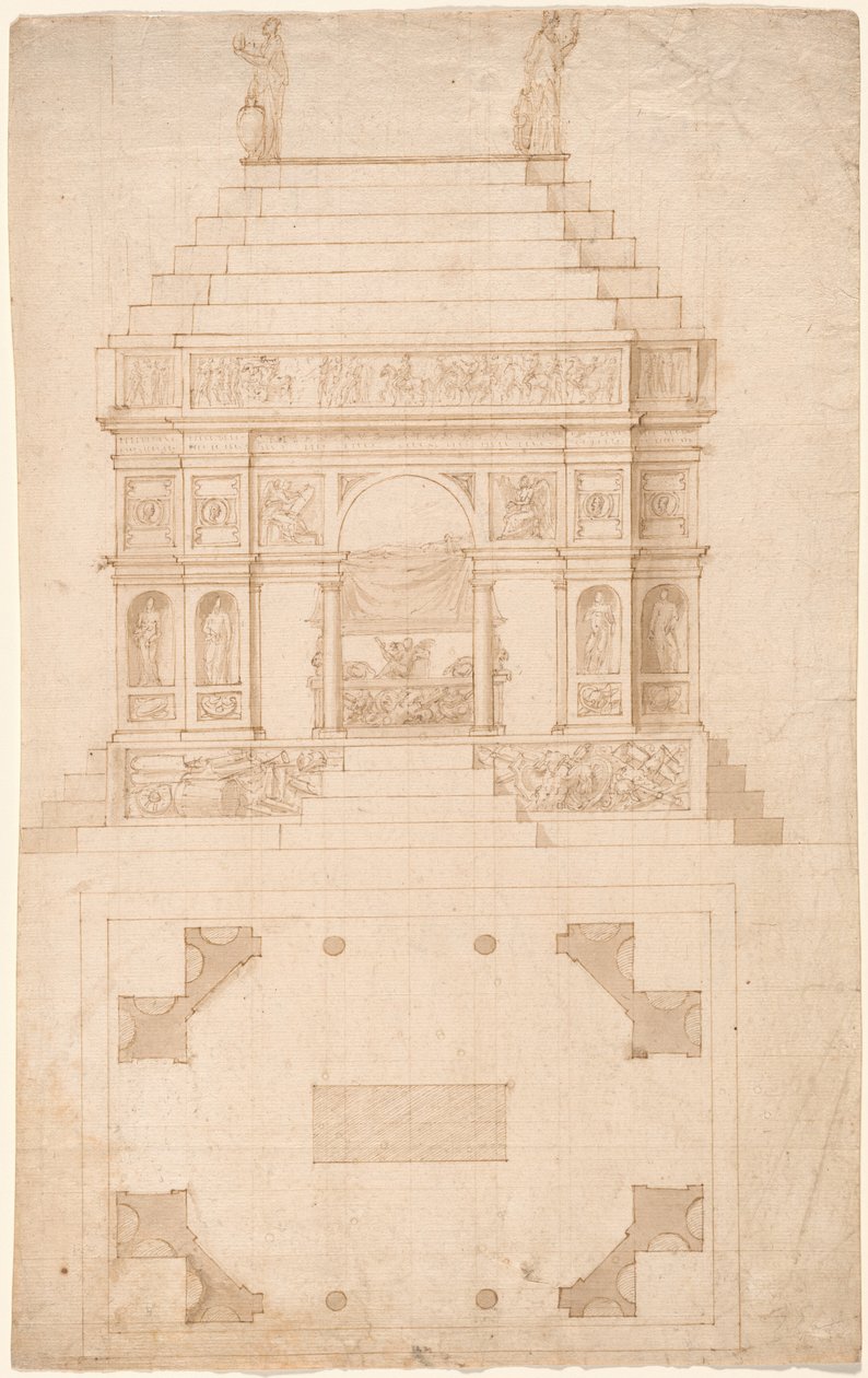 An Imperial Tomb: Elevation and Ground Plan by Circle of Antonio da Sangallo
