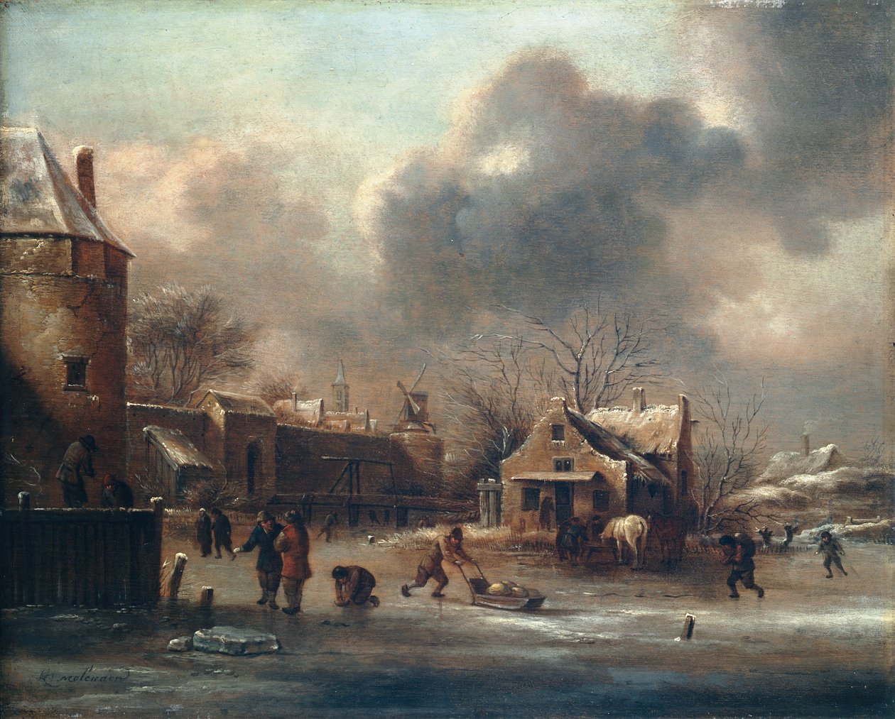 Skating Scene: Figures On The Ice Near The Walls Of A Town by Claes (1630 76) Molenaer