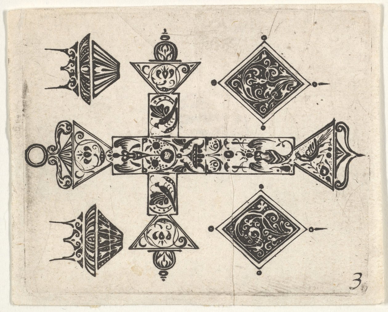 Blackwork Print with a Latin Cross and Four Motifs by Claes Jansz Visscher