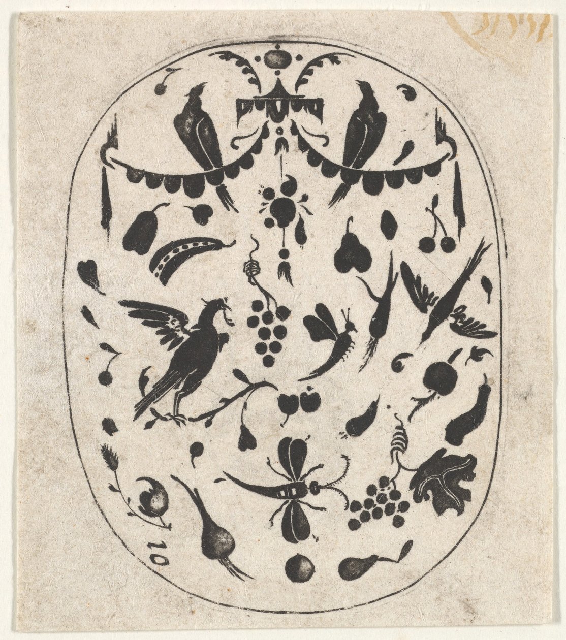 Oval Blackwork Print with Birds, Insects and Fruits by Claes Jansz Visscher