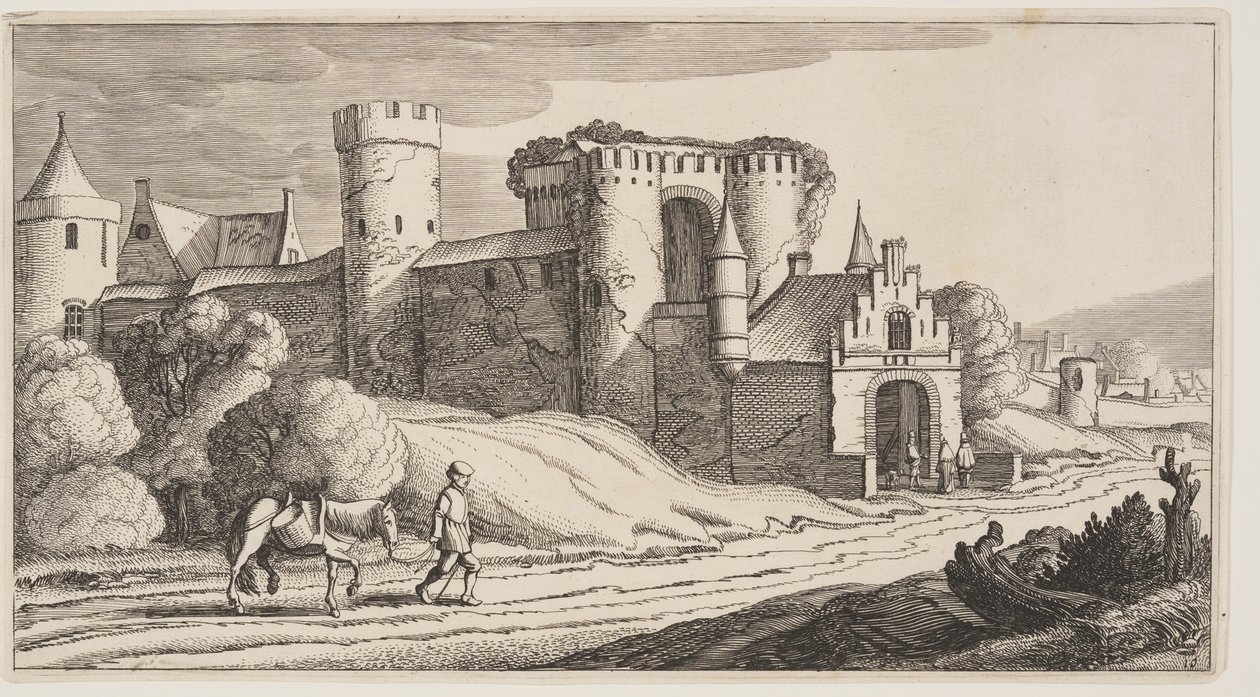 A Peasant with a Horse on a Road Near City Walls, from Landscapes (Playsante Lantschappen) by Claes Jansz. Visscher II