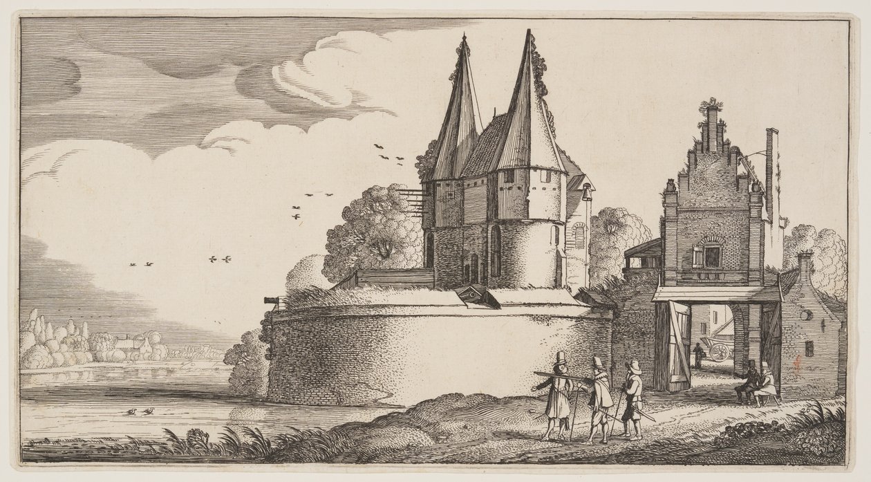 Bastion and Town-Gate on a River, from Landscapes (Pleasant Landscapes) by Claes Jansz. Visscher II