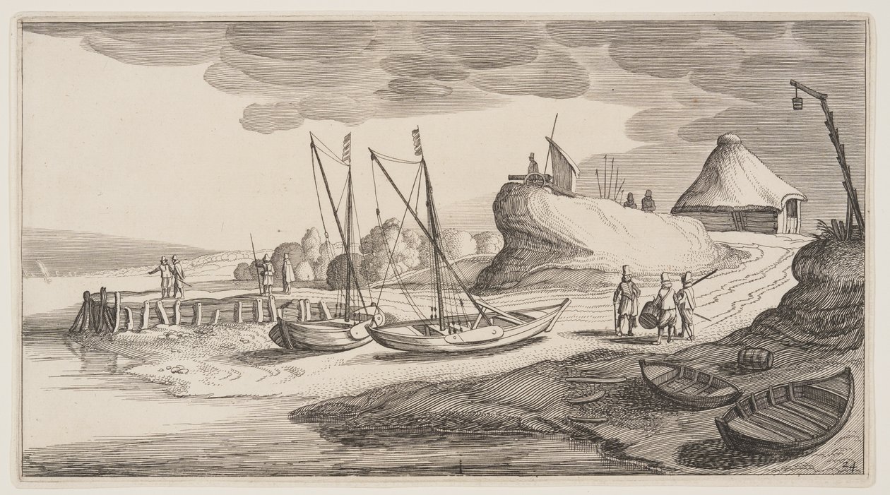 Boats Ashore Near a Watch-Tower, from Landscapes (Pleasant Landscapes) by Claes Jansz. Visscher II