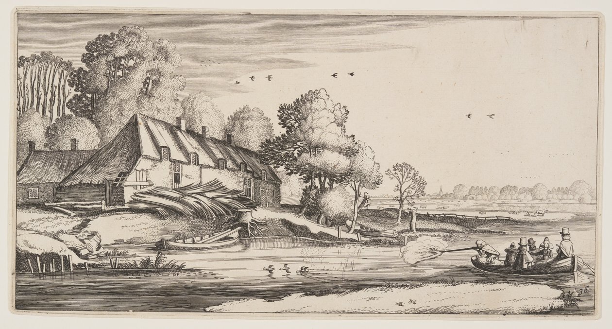 Duck-Shooting From a Row-Boat Near a Farm, from Landscapes (Pleasant Landscapes) by Claes Jansz. Visscher II
