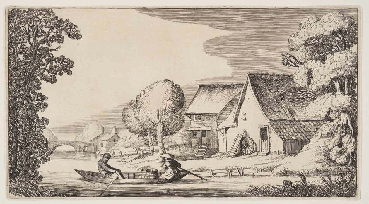 Farmer and Woman Farmer in a Row-Boat, from Landscapes (Pleasant Landscapes) by Claes Jansz. Visscher II