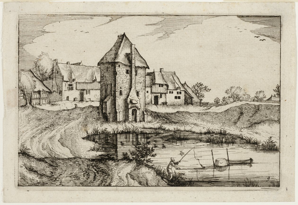 The Pond, plate nine after Pictures of Farms, Country Houses and Rustic Villages (Praediorum villarum et rusticarum casularum icones) by Claes Jansz. Visscher II